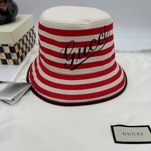 Women’s Gucci, striped canvas, bucket, hat, size large made in Italy